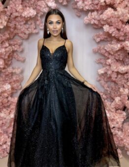 Šaty Amberly - dlouhé večerní šaty s krajkou a třpytivou tylovou sukní - černé