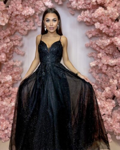 Šaty Amberly - dlouhé večerní šaty s krajkou a třpytivou tylovou sukní - černé