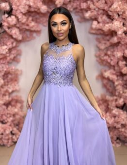 Šaty Bugatti - dlouhé společenské šaty s krajkovým živůtkem a šifonovou sukní - levandulové