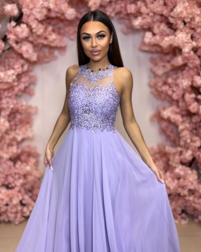 Šaty Bugatti - dlouhé společenské šaty s krajkovým živůtkem a šifonovou sukní - levandulové