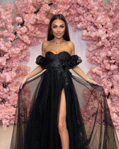 Šaty Madryt – dlouhé večerní šaty s korzetem a rozparkem - černé