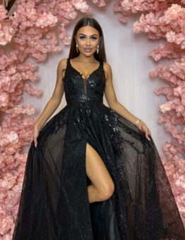 Šaty Rosalinder - třpytivé večerní šaty s krajkou, rozparkem a hlubokým výstřihem - černé 