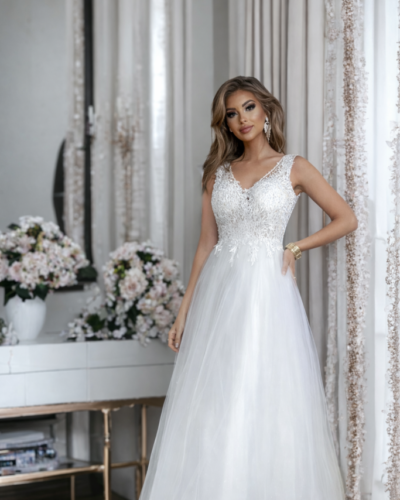 Svatební šaty s výrazným krajkovým živůtkem a jemnou sukní